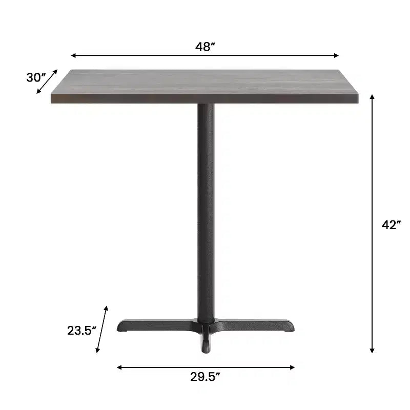 Piano tavolo commerciale in legno massello con base a X in ghisa resistente alla ruggine ad altezza bar