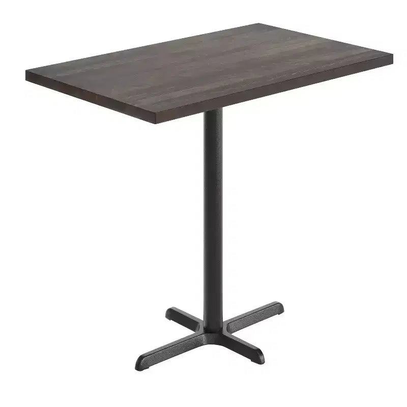 Piano tavolo commerciale in legno massello con base a X in ghisa resistente alla ruggine ad altezza bar