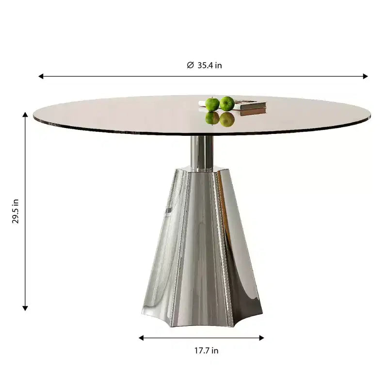 Tavolo da pranzo rotondo moderno di metà secolo con piano in vetro temperato e base svasata argentata