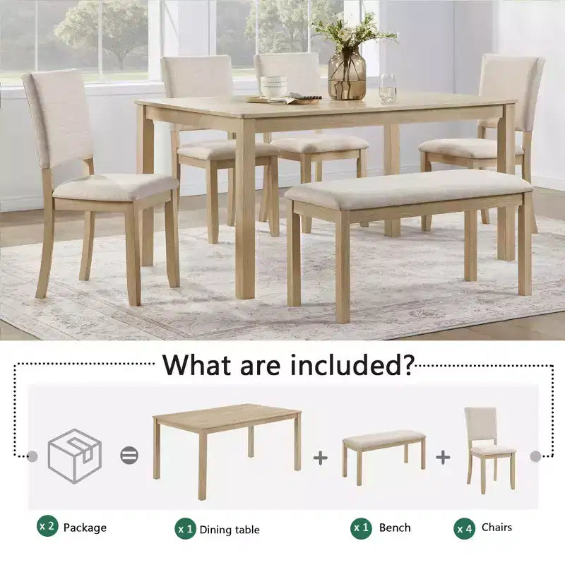 Set da pranzo da 6 pezzi – Tavolo rettangolare in legno, 1 panca e 4 sedie imbottite in lino