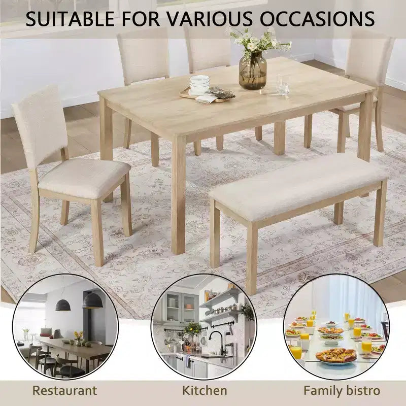 Set da pranzo da 6 pezzi – Tavolo rettangolare in legno, 1 panca e 4 sedie imbottite in lino