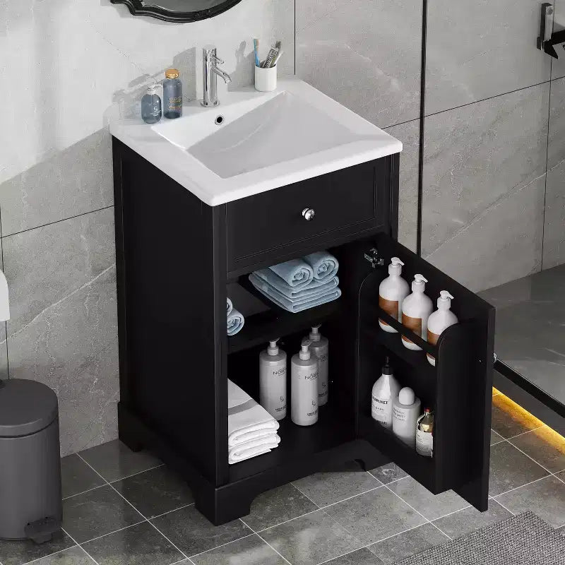 Mobile bagno nero da 20" con lavabo, anta con chiusura ammortizzata e ripiano regolabile