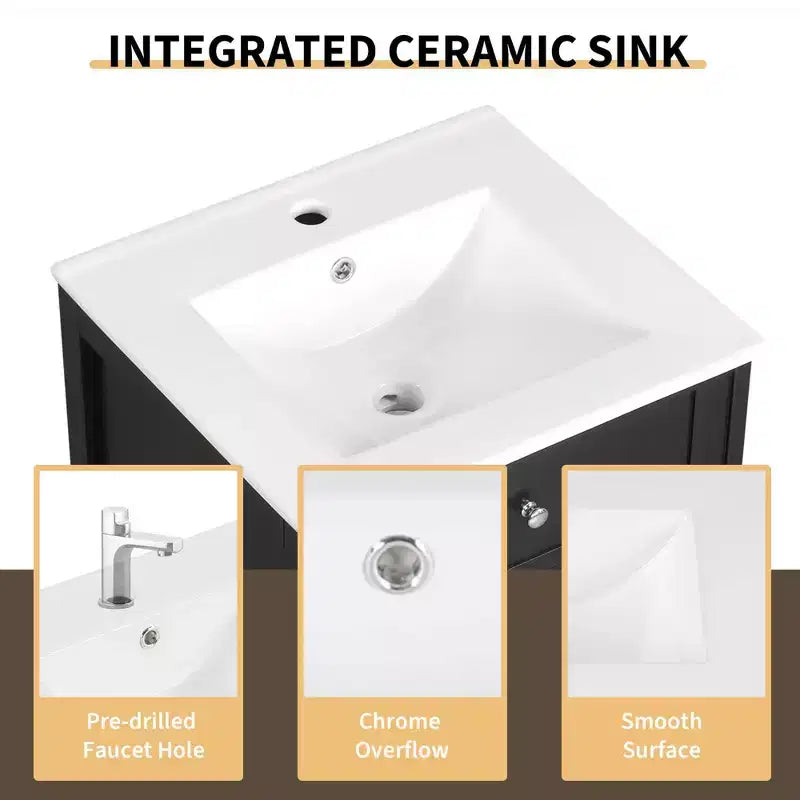 Mobile bagno nero da 20" con lavabo, anta con chiusura ammortizzata e ripiano regolabile