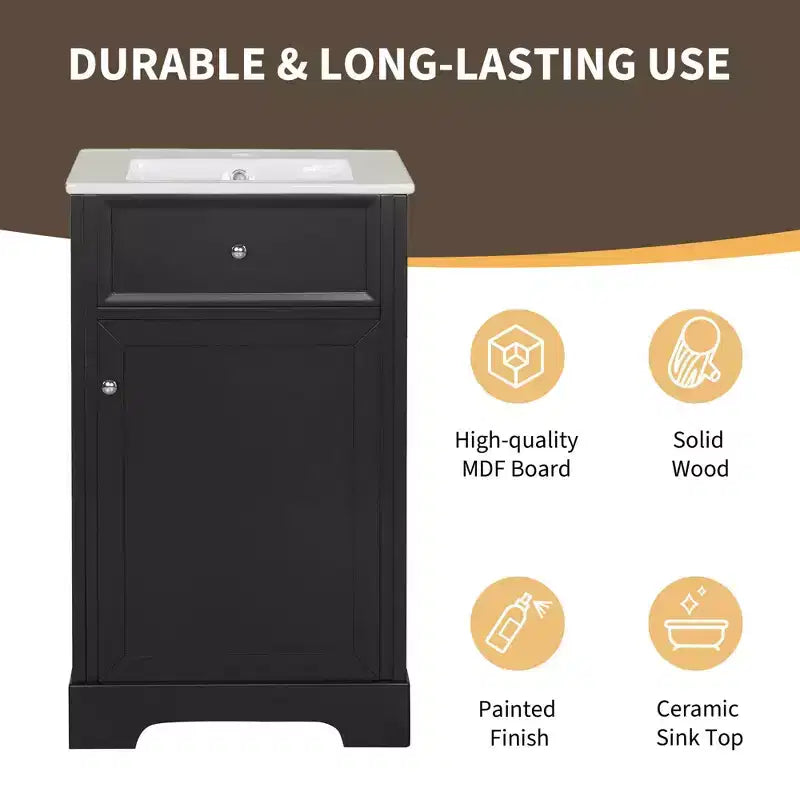Mobile bagno nero da 20" con lavabo, anta con chiusura ammortizzata e ripiano regolabile