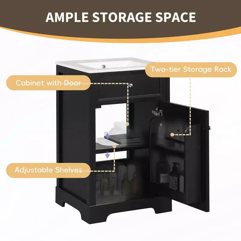 Mobile bagno nero da 20" con lavabo, anta con chiusura ammortizzata e ripiano regolabile