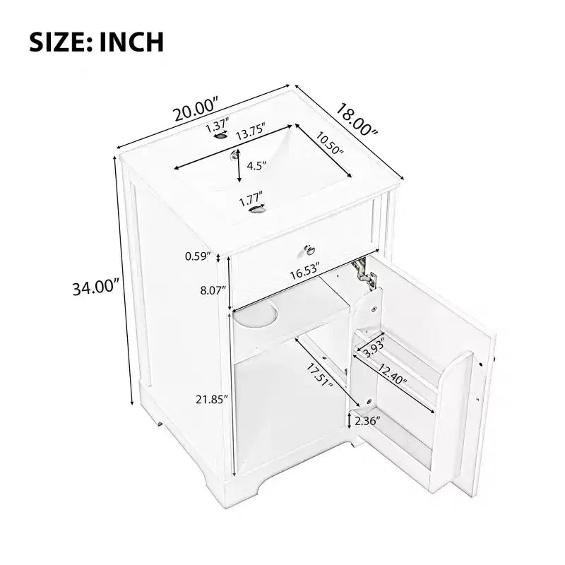 Mobile bagno nero da 20" con lavabo, anta con chiusura ammortizzata e ripiano regolabile