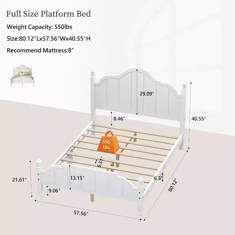 Struttura Letto a Piattaforma Matrimoniale/Queen in Legno Vintage con Testiera – Non Richiede Rete a Doghe