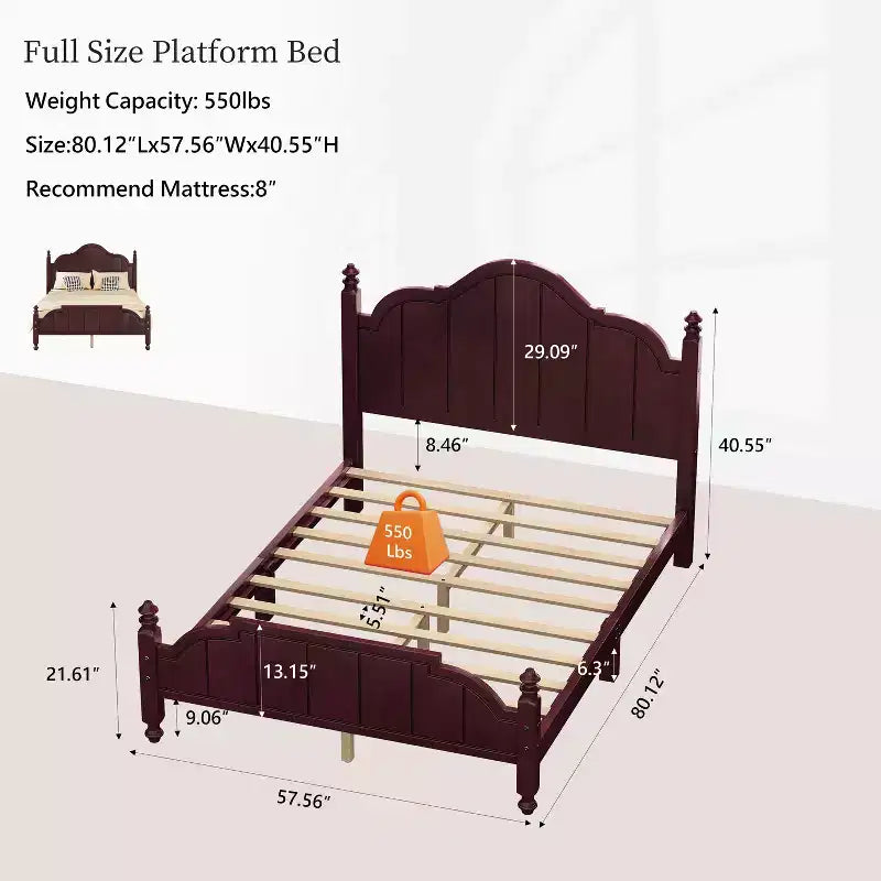 Struttura Letto a Piattaforma Matrimoniale/Queen in Legno Vintage con Testiera – Non Richiede Rete a Doghe