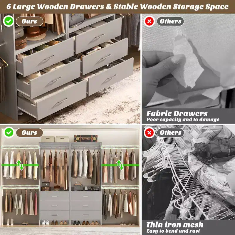 Sistema organizzativo per armadi da 142" con aste appendiabiti estensibili e 6 cassetti in legno
