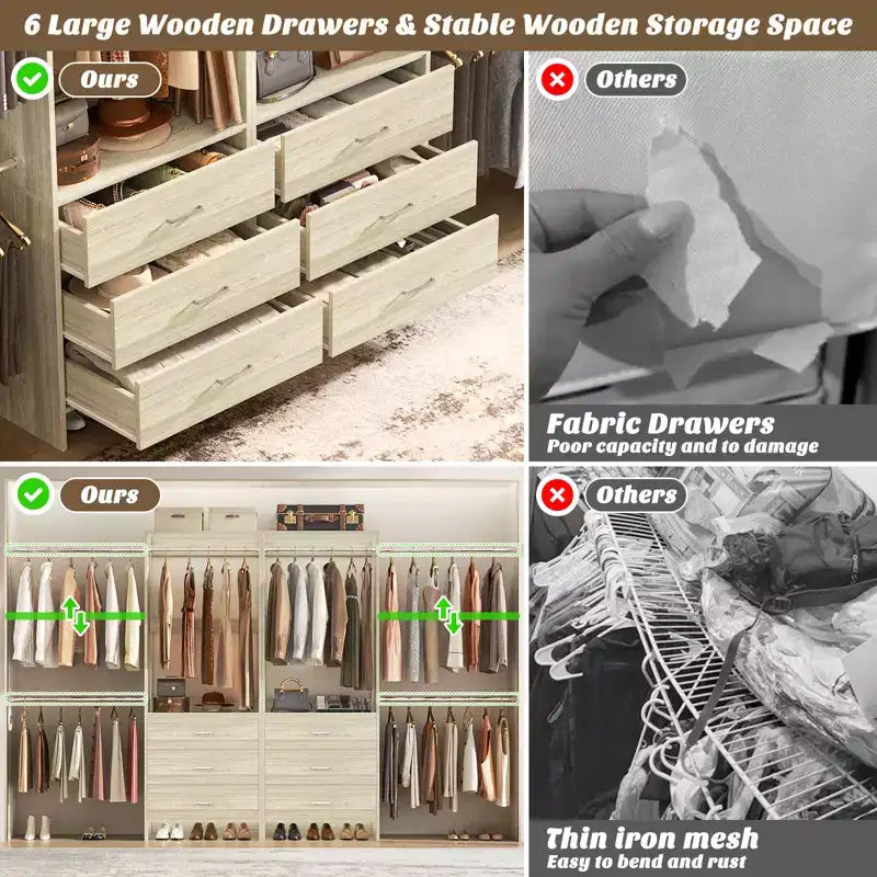 Sistema organizzativo per armadi da 142" con aste appendiabiti estensibili e 6 cassetti in legno