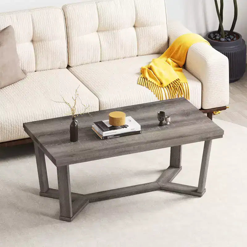 Tavolino da Caffè in Legno di Gomma Massiccio con Base a Croce – Tavolino Centrale d'Appoggio