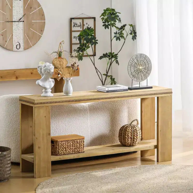 Consolle da ingresso stretta in stile rustico da 160 cm con ripiano portaoggetti e bordo intagliato
