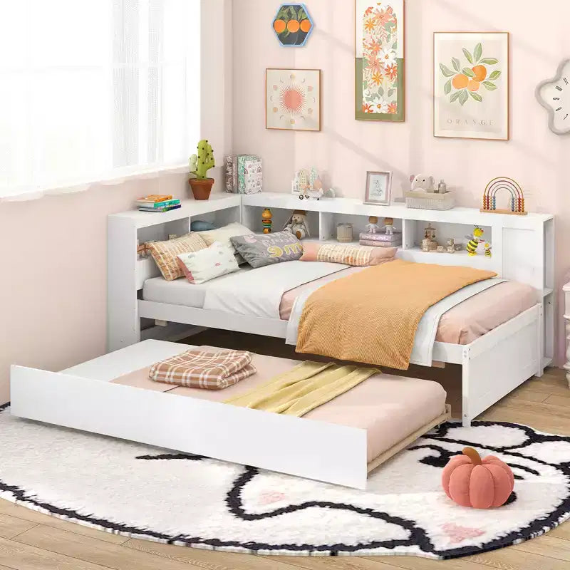 Letto a giorno singolo con rotelle, mensole laterali e testiera libreria reversibile