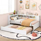 Letto a giorno singolo con rotelle, mensole laterali e testiera libreria reversibile