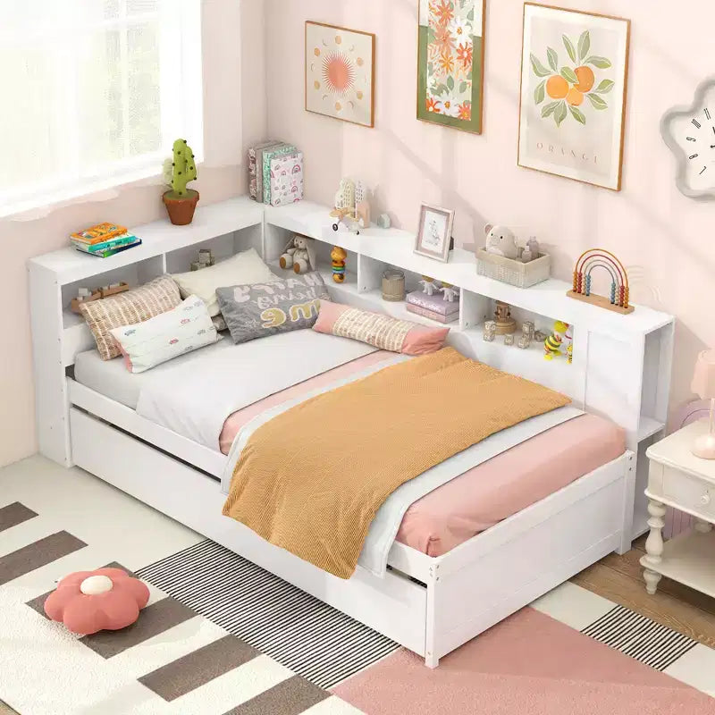 Letto a giorno singolo con rotelle, mensole laterali e testiera libreria reversibile