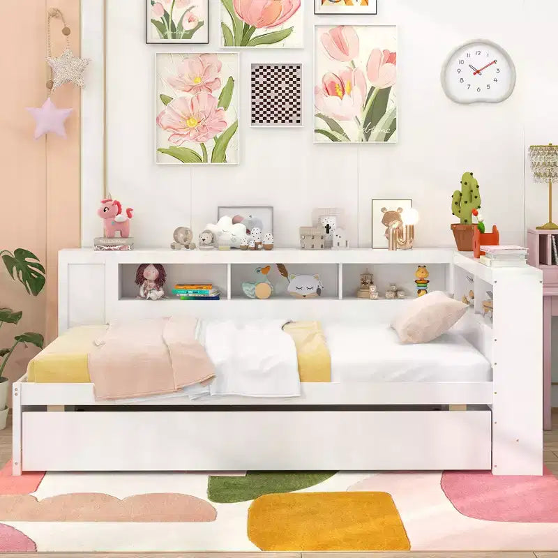 Letto a giorno singolo con rotelle, mensole laterali e testiera libreria reversibile