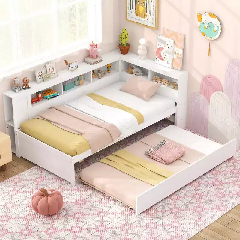 Letto a giorno singolo con rotelle, mensole laterali e testiera libreria reversibile