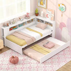 Letto a giorno singolo con rotelle, mensole laterali e testiera libreria reversibile