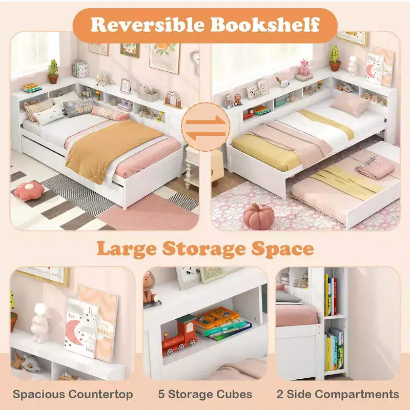 Letto a giorno singolo con rotelle, mensole laterali e testiera libreria reversibile