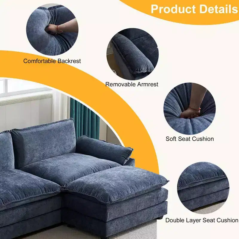 Divano moderno a L a 3 posti con braccioli e poggiapiedi, con cuscino superiore da 120" – Beige