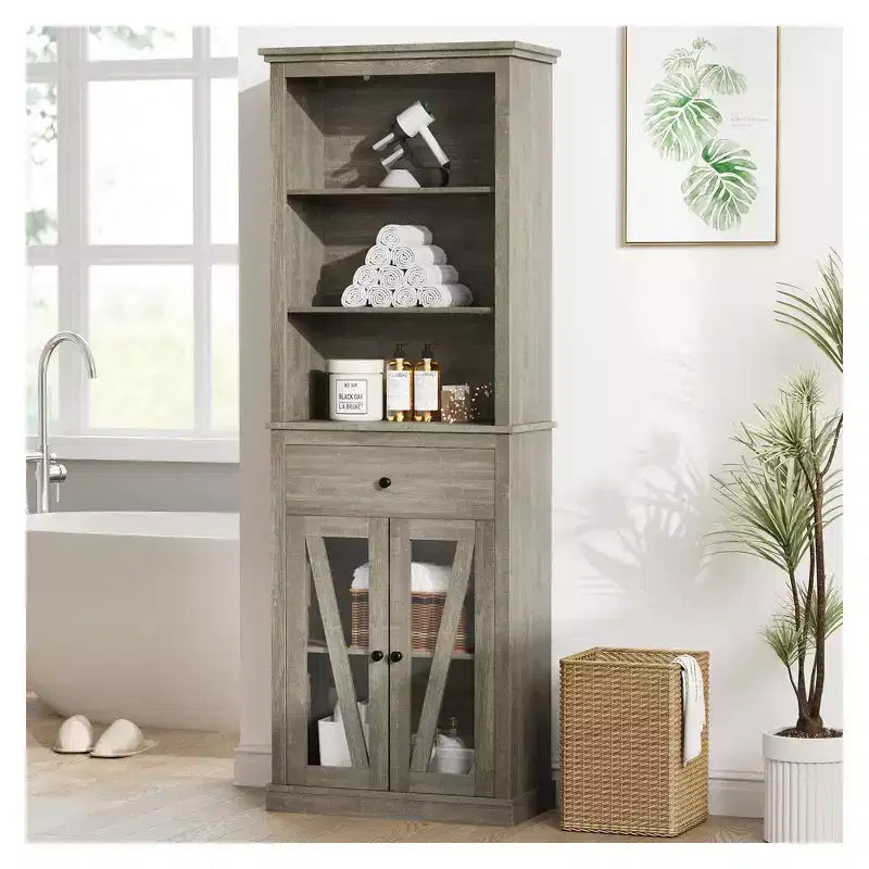 Dispensa a colonna da 169 cm con ante in vetro - Mobiletto organizer alto a 5 ripiani con cassetto per cucina, ingresso e soggiorno (grigio)