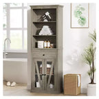 Dispensa a colonna da 169 cm con ante in vetro - Mobiletto organizer alto a 5 ripiani con cassetto per cucina, ingresso e soggiorno (grigio)