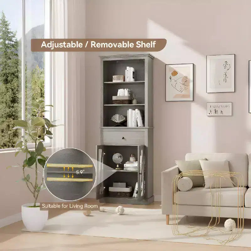 Dispensa a colonna da 169 cm con ante in vetro - Mobiletto organizer alto a 5 ripiani con cassetto per cucina, ingresso e soggiorno (grigio)