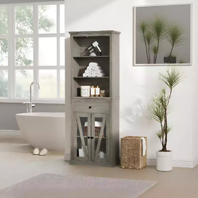 Dispensa a colonna da 169 cm con ante in vetro - Mobiletto organizer alto a 5 ripiani con cassetto per cucina, ingresso e soggiorno (grigio)