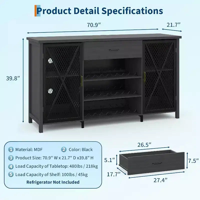 Mobile bar in stile industriale da 71 pollici, finitura nero rustico con portabottiglie e cassetto portaoggetti, credenza multiuso per cucina e sala da pranzo, nero