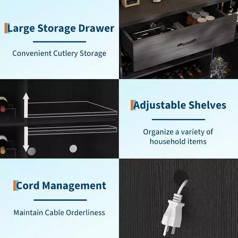 Mobile bar in stile industriale da 71 pollici, finitura nero rustico con portabottiglie e cassetto portaoggetti, credenza multiuso per cucina e sala da pranzo, nero