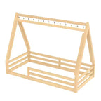 Letto a pavimento Montessori con striscia luminosa e ringhiere a tutta lunghezza, a forma di tenda, per materassi singoli/matrimoniali.