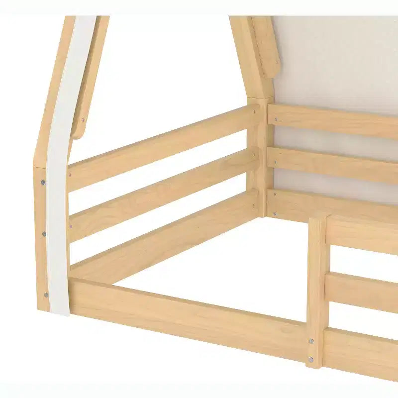 Letto a pavimento Montessori con striscia luminosa e ringhiere a tutta lunghezza, a forma di tenda, per materassi singoli/matrimoniali.