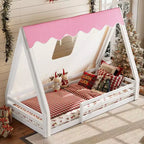 Letto a pavimento Montessori con striscia luminosa e ringhiere a tutta lunghezza, a forma di tenda, per materassi singoli/matrimoniali.