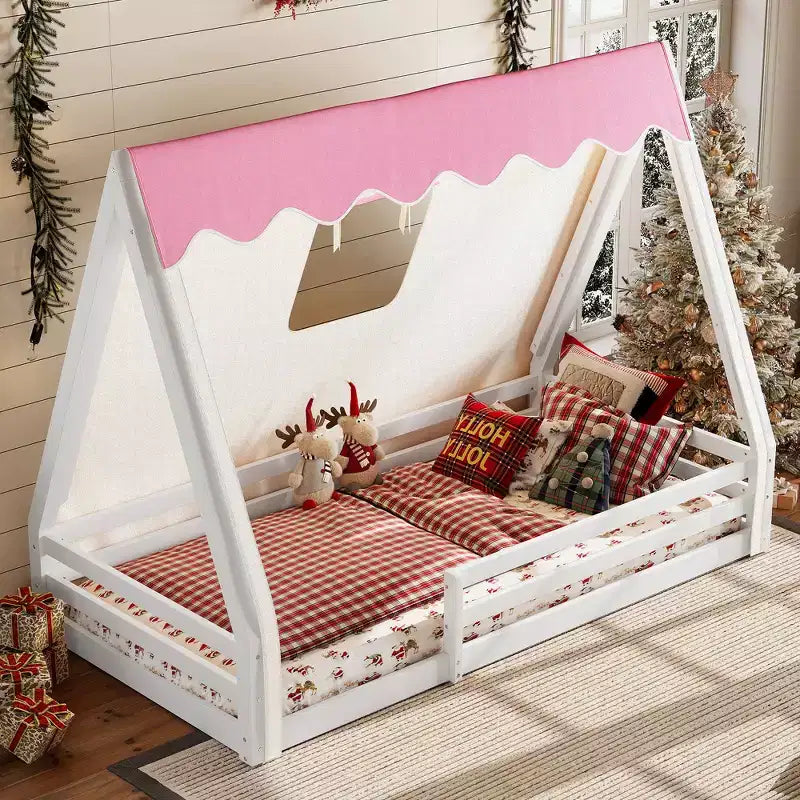 Letto a pavimento Montessori con striscia luminosa e ringhiere a tutta lunghezza, a forma di tenda, per materassi singoli/matrimoniali.