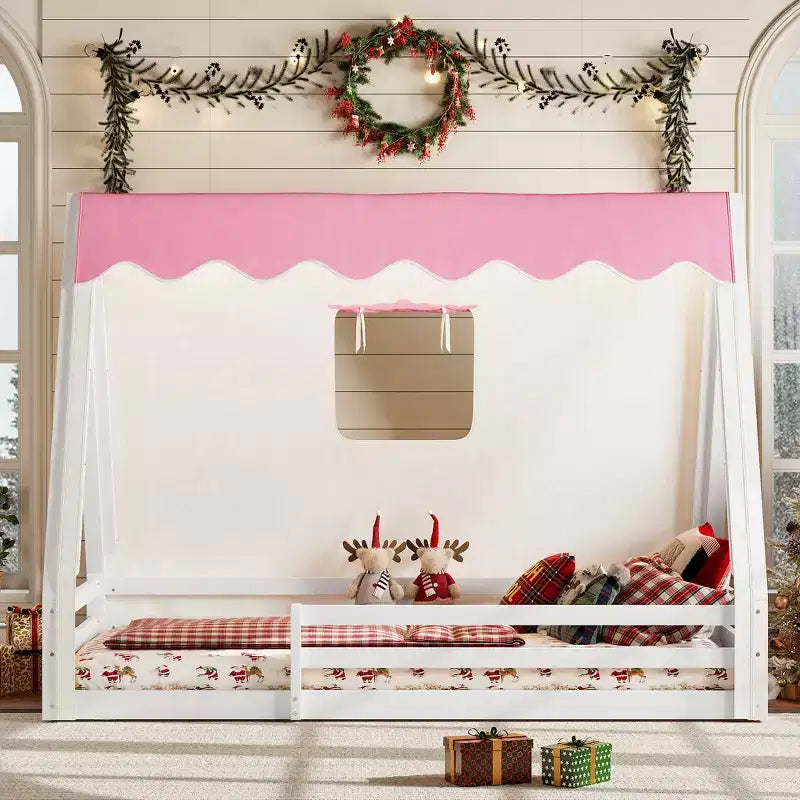 Letto a pavimento Montessori con striscia luminosa e ringhiere a tutta lunghezza, a forma di tenda, per materassi singoli/matrimoniali.