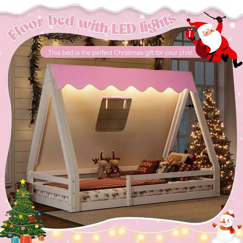 Letto a pavimento Montessori con striscia luminosa e ringhiere a tutta lunghezza, a forma di tenda, per materassi singoli/matrimoniali.