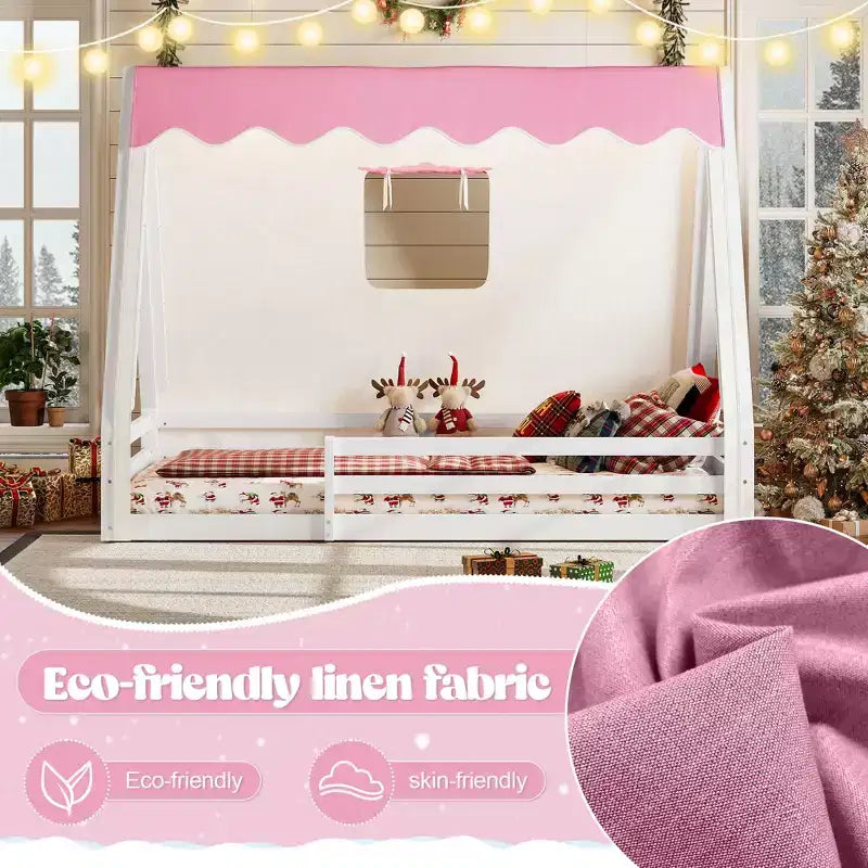 Letto a pavimento Montessori con striscia luminosa e ringhiere a tutta lunghezza, a forma di tenda, per materassi singoli/matrimoniali.
