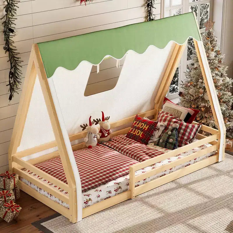 Letto a pavimento Montessori con striscia luminosa e ringhiere a tutta lunghezza, a forma di tenda, per materassi singoli/matrimoniali.