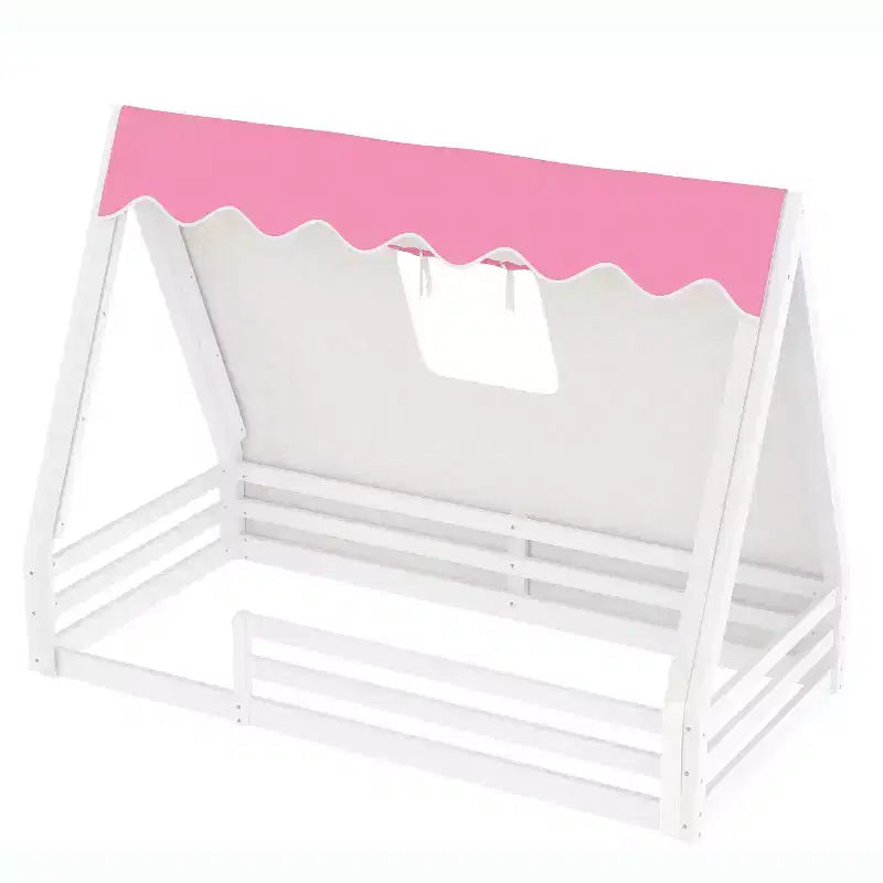 Letto a pavimento Montessori con striscia luminosa e ringhiere a tutta lunghezza, a forma di tenda, per materassi singoli/matrimoniali.
