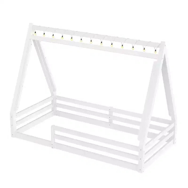 Letto a pavimento Montessori con striscia luminosa e ringhiere a tutta lunghezza, a forma di tenda, per materassi singoli/matrimoniali.