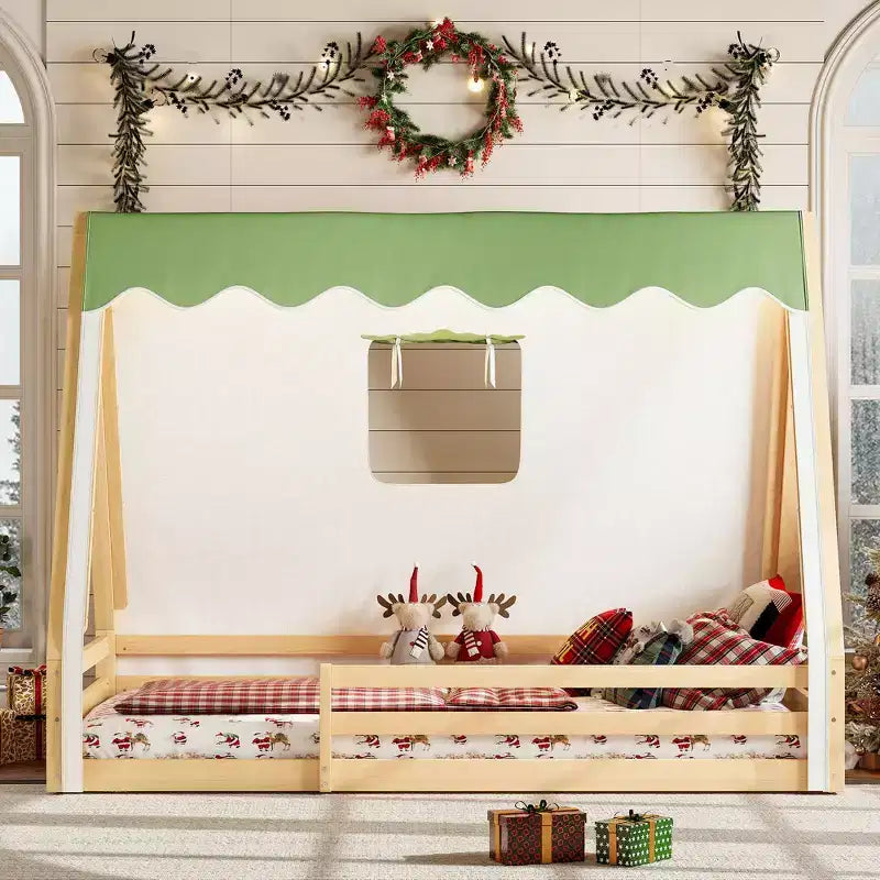 Letto a pavimento Montessori con striscia luminosa e ringhiere a tutta lunghezza, a forma di tenda, per materassi singoli/matrimoniali.