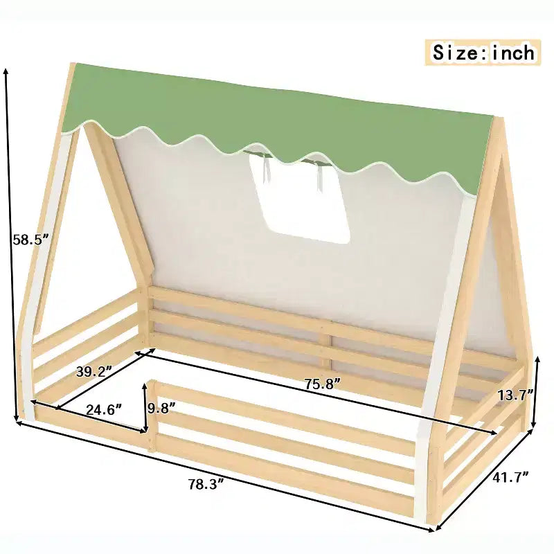 Letto a pavimento Montessori con striscia luminosa e ringhiere a tutta lunghezza, a forma di tenda, per materassi singoli/matrimoniali.