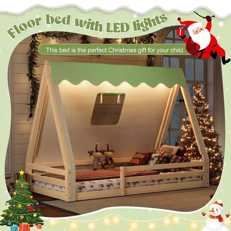 Letto a pavimento Montessori con striscia luminosa e ringhiere a tutta lunghezza, a forma di tenda, per materassi singoli/matrimoniali.