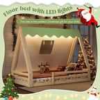 Letto a pavimento Montessori con striscia luminosa e ringhiere a tutta lunghezza, a forma di tenda, per materassi singoli/matrimoniali.