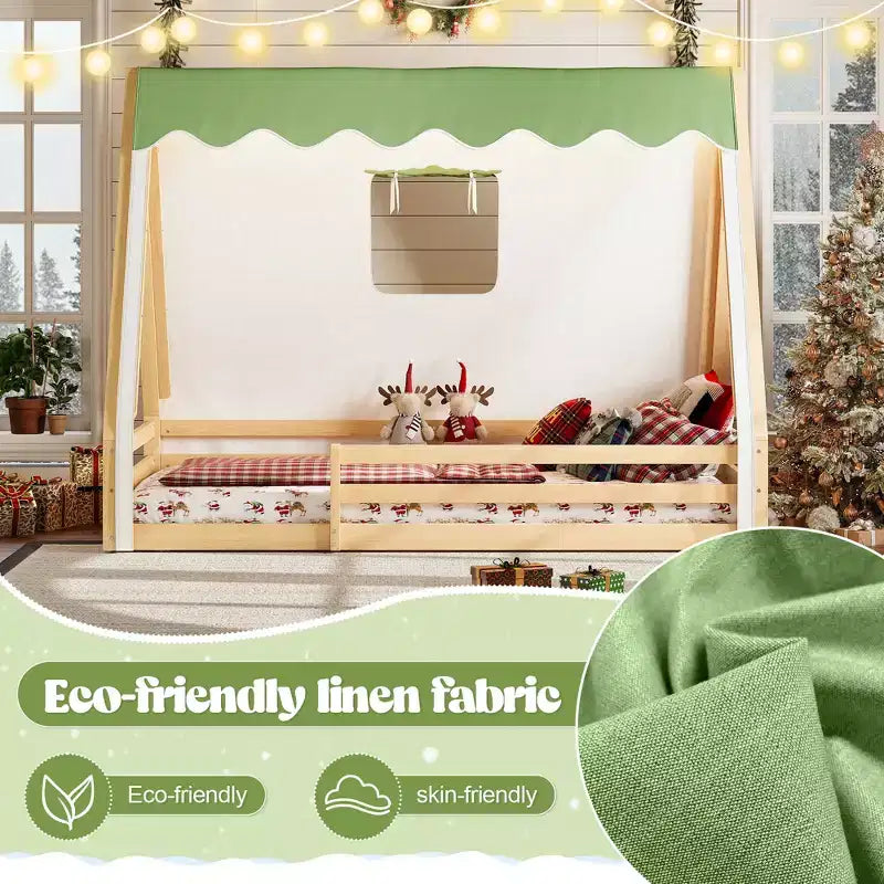 Letto a pavimento Montessori con striscia luminosa e ringhiere a tutta lunghezza, a forma di tenda, per materassi singoli/matrimoniali.