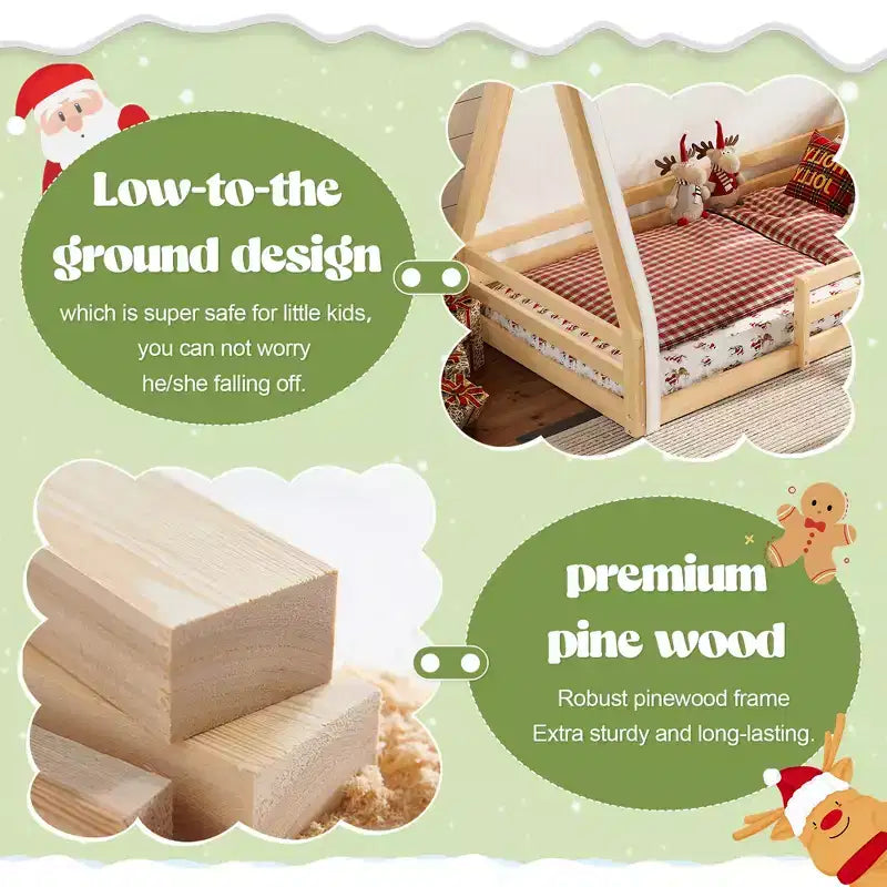 Letto a pavimento Montessori con striscia luminosa e ringhiere a tutta lunghezza, a forma di tenda, per materassi singoli/matrimoniali.