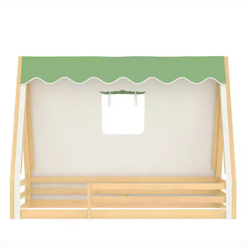 Letto a pavimento Montessori con striscia luminosa e ringhiere a tutta lunghezza, a forma di tenda, per materassi singoli/matrimoniali.