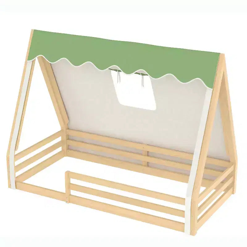 Letto a pavimento Montessori con striscia luminosa e ringhiere a tutta lunghezza, a forma di tenda, per materassi singoli/matrimoniali.
