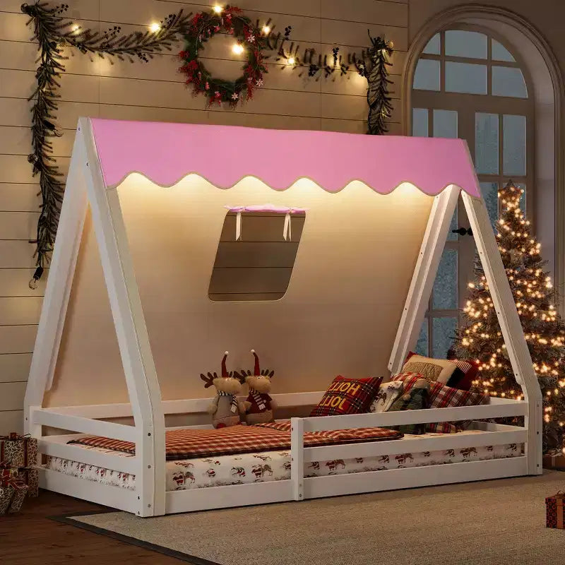 Letto a pavimento Montessori con striscia luminosa e ringhiere a tutta lunghezza, a forma di tenda, per materassi singoli/matrimoniali.