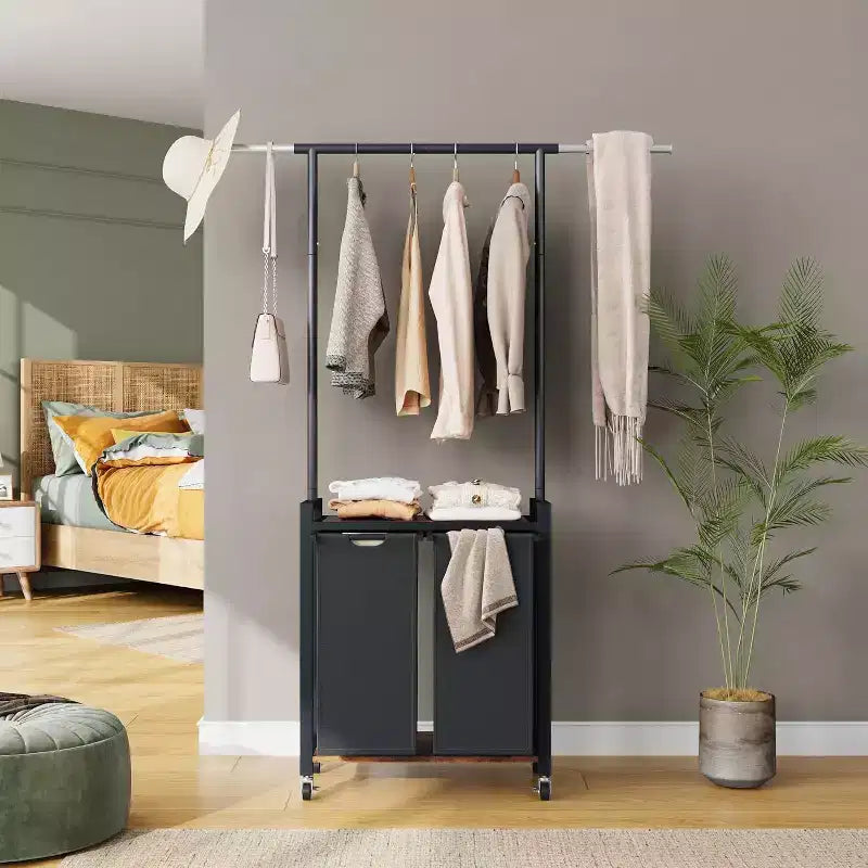 Sorter Hamper with Hanging Rack & Shelf, Rolling Cart with Lockable Wheels, Basket Organizer for Laundry Room Bedroom Bathroom